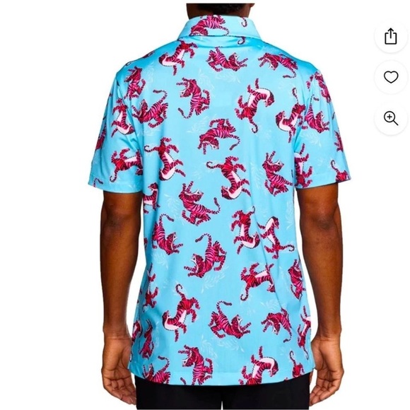 Bad Birdie Men’s Tourqouis Blue Polo with Pink Tigers Size Medium - Picture 3 of 8